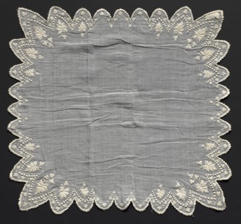 Handkerchief, 1800s. France, 19th century. Embroidery; cotton on linen; overall: 45.7 x 43.2 cm (18