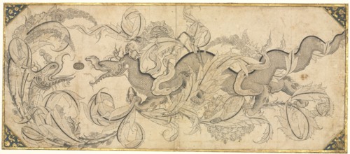 Dragon in foliage with lion and phoenix heads, mid 1500s. Attributed to Sahkulu (Turkish). Ink,