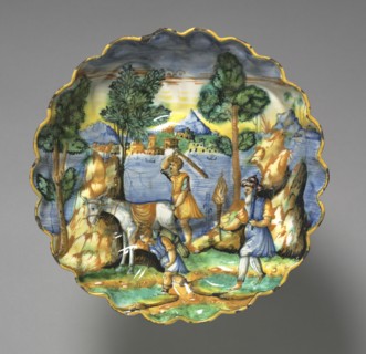Footed Dish depicting Abraham and Isaac, c. 1525-50. Italy, Urbino, 16th century. Tin-glazed