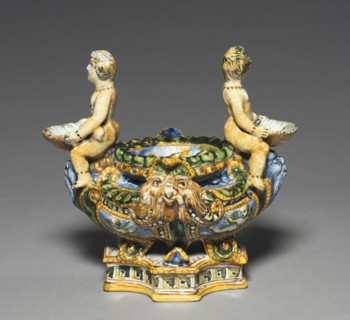 Saltcellar, c. 1550-1600. Italy, Urbino, 16th century. Tin-glazed earthenware (maiolica); overall:
