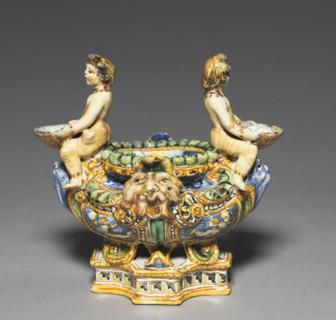 Saltcellar, c. 1550-1600. Italy, Urbino, 16th century. Tin-glazed earthenware (maiolica); overall: