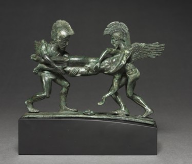 Sleep and Death Cista Handle, 400-375 BC. Italy, Etruscan, early 4th Century BC. Bronze; with base: