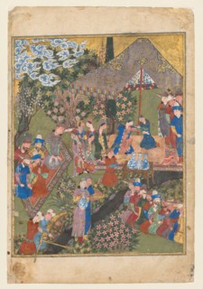 Royal Feast in a Garden, verso of right folio from the double-page frontispiece of a Shah-nama of