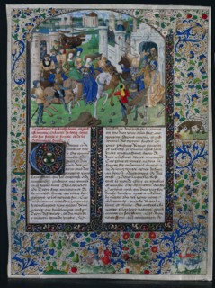 Leaf from Jehan de Courcy's "Chronique Universelle": King Priam Meets Helen and Paris outside the