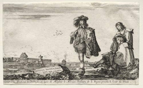 Various Figures and Landscapes:  Title Page - Three Figures, 1649. Stefano Della Bella (Italian,