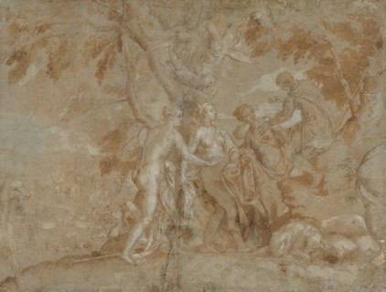 The Judgment of Paris, c. 1585. Carletto Caliari (Italian, 1570-1596). Pen and brown ink and brush