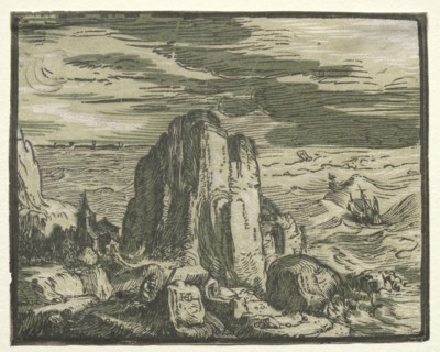 From  a set of 4 Landscapes: Cliffon the seashore. Hendrick Goltzius (Dutch, 1558–1617).
