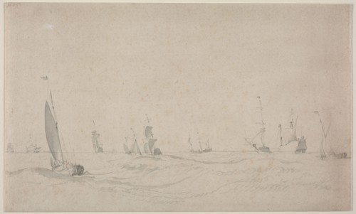 Shipping on a Rough Sea, 1665?. Willem van de Velde (Dutch, c. 1611-1693). Brush and gray wash and