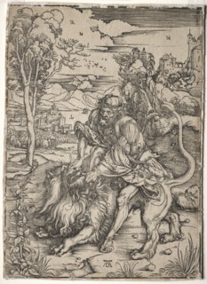 Samson Killing the Lion, c. 1496-1497. Albrecht Dürer (German, 1471-1528). Woodcut