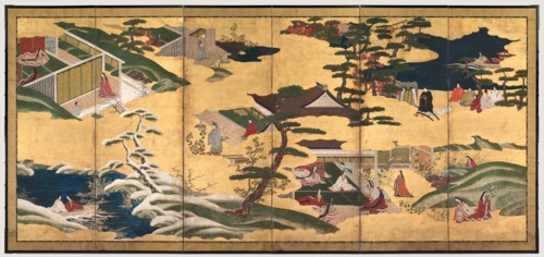 Scenes from the Tale of Genji, late 1700s. Tosa School (Japanese). Pair of six-fold screens; ink