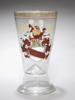 Footed Beaker with Two Coats-of-Arms, 1603. Germany, 17th century. Enameled glass; overall: 25.4 x