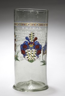 Beaker ("Welcome Glass") with Arms and Inscriptions, 1616. Germany, 17th century. Enameled glass;