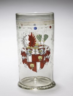 Beaker with Coats-of-Arms, 1607. Germany, 17th century. Enameled glass; overall: 19.4 x 9.7 cm (7