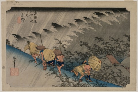 Driving Rain at Shono (Station 46) from the series Fifty-Three Stations of the Tokaido, 1833. Ando