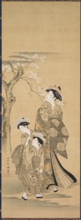 Woman and Two Children, 1900s. Copy after Kubo Shunman (1757-1820). Hanging scroll; color and gold