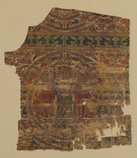 Lampas with lion strangler, from a dalmatic of Saint Bernard Calvo, 1200-1243. Spain, Almeria,