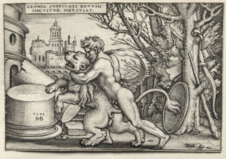 The Labors of Hercules:  Hercules Strangling the Nemean Lion, 1548. Hans Sebald Beham (German,