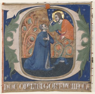 Historiated Initial (O) Excised from an Antiphonary: The Donor, Gorus Fucci, Kneels before Christ,