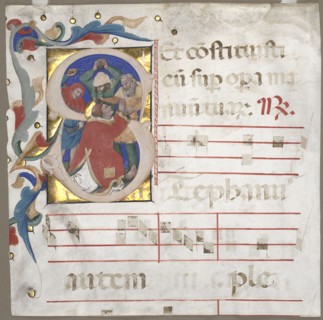 Fragment of an Antiphonary with Historiated Initial (S): The Stoning of St. Stephen, c. 1370-1372.