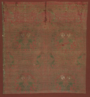 Silk Fragment, 13th century. Spain, Islamic period or Mudejar, 13th century. Lampas weave,