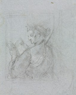 Verona Sketchbook: Female figure with open book (page 63), 1760. Francesco Lorenzi (Italian,