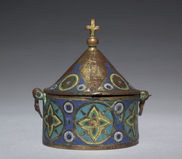Pyx, c. 1250. France, Limousin, Limoges, Gothic period, mid-13th century. Gilded copper, champlevé