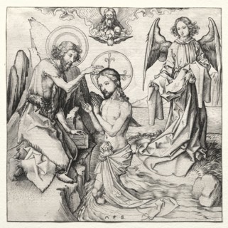The Baptism of Christ in the Jordan, c. 1480-90. Martin Schongauer (German, c.1450-1491). Engraving
