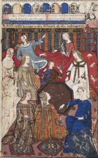 Leaf from a Cocharelli Treatise on the Vices: Accidia and Her Court, c. 1330-40. Italy, Genoa, 14th