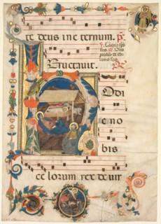 Leaf from an Antiphonary with Historiated Initial (H) with The Nativity (recto), early 14th Century