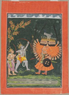 Rama and Laksmana Fighting Ravana, c. 1750. India, Pahari, Bilaspur, 18th century. Color on paper;
