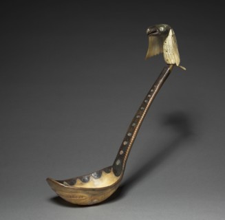 Ladle, late 1800s. Northwest Coast, Tlingit, 19th century. Horn, bone, copper, abalone shell inlay;