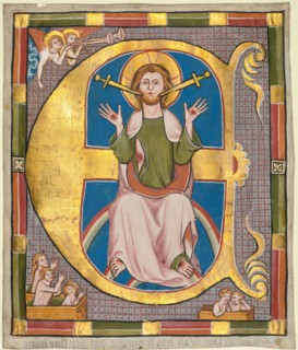 Initial E from a Municipal Law Book: The Last Judgment, c. 1330. Germany, Regensburg, 14th century.