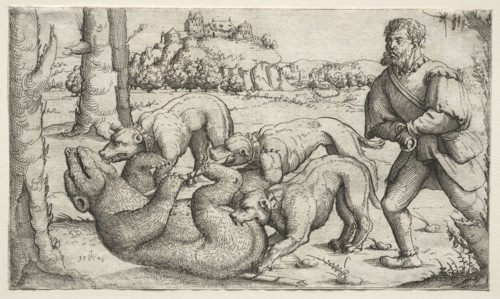 A Bear Hunt, 1569. Augustin Hirschvogel (German, 1503-1553). Etching