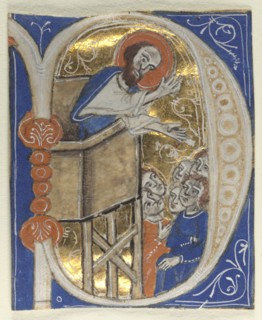 Historiated Initial Excised from a Bible: St. Paul Preaching, 1200s. Italy, 13th century. Tempera