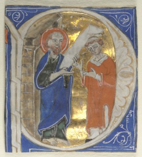 Historiated Initial Excised from a Bible: St. Paul and a Cleric, 1200s. Italy, 13th century.