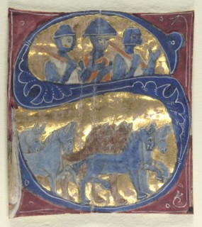 Historiated Initial (S) Excised from a Bible: Soldiers and Horses, 1200s. Italy, 13th century.
