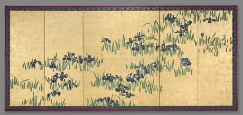 Irises, 1700s. Watanabe Shiko (Japanese, 1683-1755). Six-panel folding screen, ink and color on