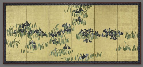 Irises, 1700s. Watanabe Shiko (Japanese, 1683-1755). Six-panel folding screen, ink and color on