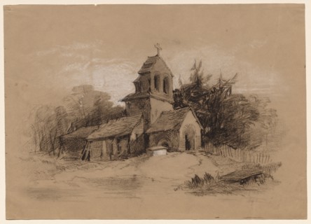 Church in a Landscape, 1800s. Henry Bright (British, 1810-1873). Charcoal and white chalk;