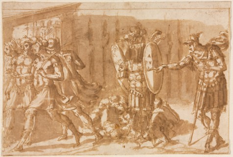 Victorious Soldiers with Trophy, 1550s. Pellegrino Tibaldi (Italian, 1527-1596). Pen and brown ink