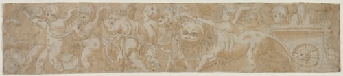 Chariot Drawn by Lions with Amorini (recto) Partial Architectural Study (verso) , first half 1500s.