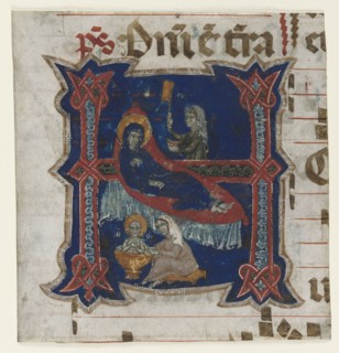 Fragment of a Choir Book with Historiated Initial (H): Birth of the Virgin, 13th Century. Southern
