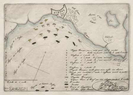 Map of the Battle of Sinope, 1853. Charles Meryon (French, 1821-1868). Etching, hand colored with