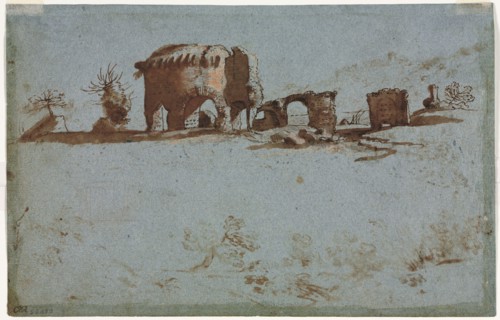 Small Group of Roman Ruins, c. 1650. Italy, 17th century. Pen and brown ink and brush and brown