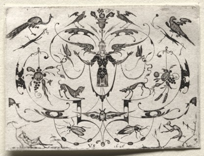 Arabesque with Peacock, Parakeet, Dogs and Insects, 1626. Valentin Sezenius (German). Engraving