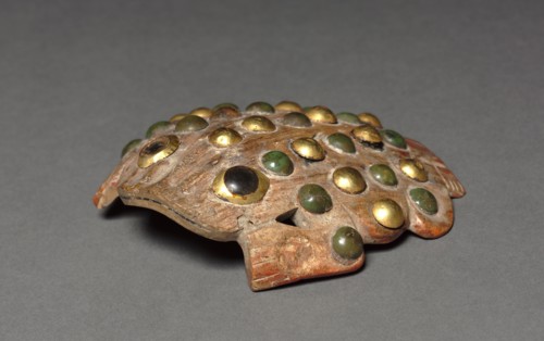 Frog Ornament, 50-800. Peru, Moche, 1st-9th Century. Shell, stone, gold; overall: 3.6 x 10.7 x 10.6