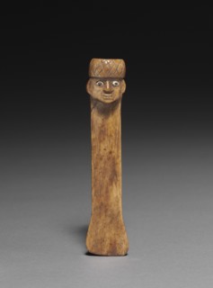 Spatula with Carved Head, 500-900. Peru, Wari style (500-900). Bone with shell inlay; overall: 11.2