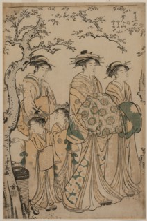 The Courtesan Senzan of Chojiya Strolling with her Kamuro Yasono and Yasoji and Two Shinzo, 1786.