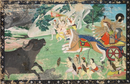 Durga Slaying Mahisha, c. 1830. India, Pahari, Sirmur, 19th century. Color on paper; image: 15.8 x
