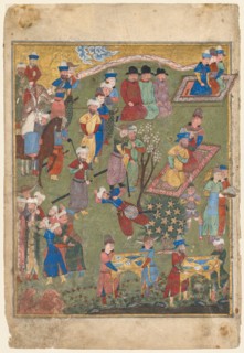 Royal Feast in a Garden, recto of left folio from the double-page frontispiece of a Shahnama of